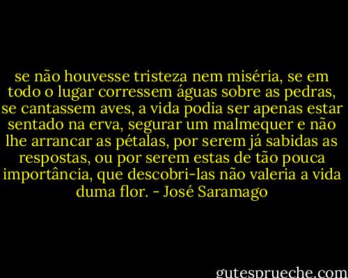 se não houvesse tristeza nem miséria, se em todo o lugar corressem águas sobre as pedras, se cantassem aves, a vida podia ser apenas estar sentado na erva, segurar um malmequer e não lhe arrancar as pétalas, por serem já sabidas as respostas, ou por serem estas de tão pouca importância, que descobri-las não valeria a vida duma flor. - José Saramago