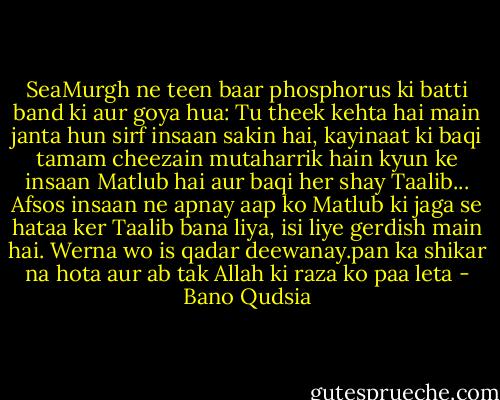SeaMurgh ne teen baar phosphorus ki batti band ki aur goya hua:<br />Tu theek kehta hai main janta hun sirf insaan sakin hai, kayinaat ki baqi tamam cheezain mutaharrik hain kyun ke insaan Matlub hai aur baqi her shay Taalib... Afsos insaan ne apnay aap ko Matlub ki jaga se hataa ker Taalib bana liya, isi liye gerdish main hai. Werna wo is qadar deewanay.pan ka shikar na hota aur ab tak Allah ki raza ko paa leta - Bano Qudsia