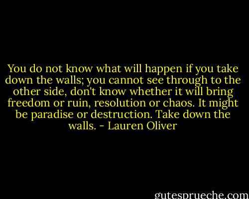 You do not know what will happen if you take down the walls; you cannot see through to the other side, don't know whether it will bring freedom or ruin, resolution or chaos. It might be paradise or destruction. Take down the walls. - Lauren Oliver