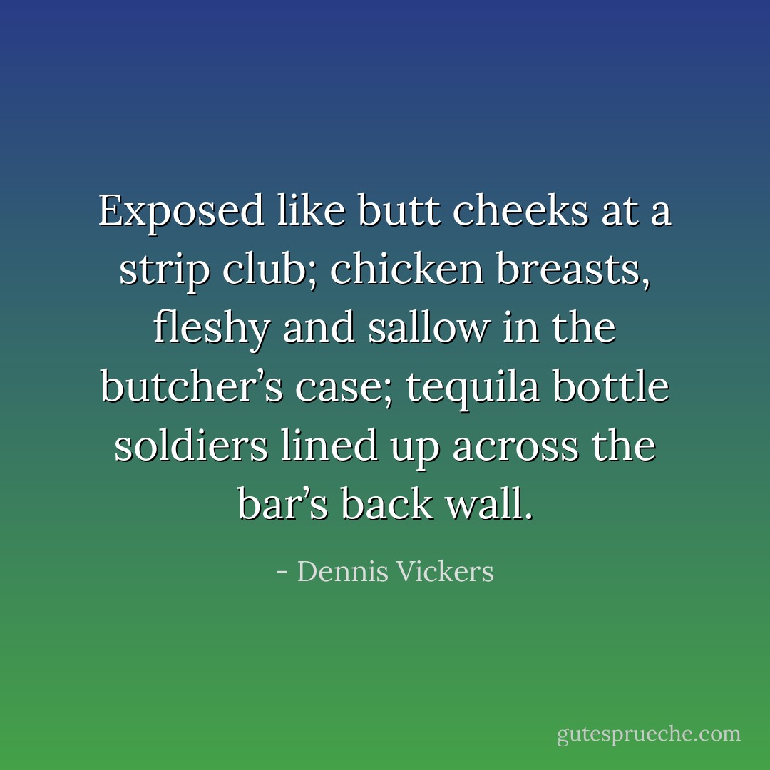 Exposed like butt cheeks at a strip club; chicken breasts, fleshy and sallow in the butcher’s case; tequila bottle soldiers lined up across the bar’s back wall. - Dennis Vickers