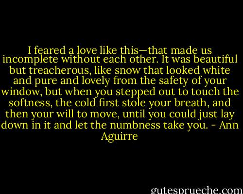 I feared a love like this—that made us incomplete without each other. It was beautiful but treacherous, like snow that looked white and pure and lovely from the safety of your window, but when you stepped out to touch the softness, the cold first stole your breath, and then your will to move, until you could just lay down in it and let the numbness take you. - Ann Aguirre