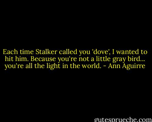 Each time Stalker called you 'dove', I wanted to hit him. Because you're not a little gray bird... you're all the light in the world. - Ann Aguirre