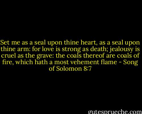 Set me as a seal upon thine heart, as a seal upon thine arm: for love is strong as death; jealousy is cruel as the grave: the coals thereof are coals of fire, which hath a most vehement flame - Song of Solomon 8:7
