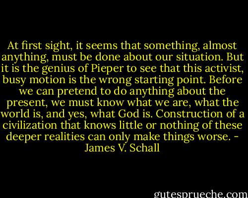 At first sight, it seems that something, almost anything, must be done about our situation. But it is the genius of Pieper to see that this activist, busy motion is the wrong starting point. Before we can pretend to do anything about the present, we must know what we are, what the world is, and yes, what God is. Construction of a civilization that knows little or nothing of these deeper realities can only make things worse. - James V. Schall