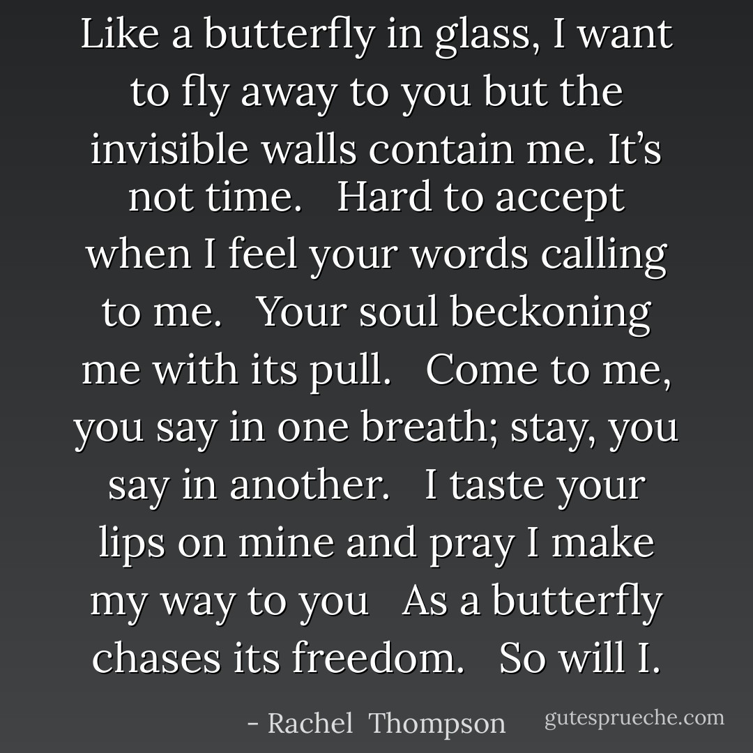 Like a butterfly in glass, I want to fly away to you but the invisible walls contain me. It’s not time. <br /><br />Hard to accept when I feel your words calling to me. <br /><br />Your soul beckoning me with its pull. <br /><br />Come to me, you say in one breath; stay, you say in another. <br /><br />I taste your lips on mine and pray I make my way to you <br /><br />As a butterfly chases its freedom. <br /><br />So will I. - Rachel  Thompson