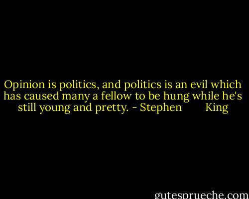 Opinion is politics, and politics is an evil which has caused many a fellow to be hung while he's still young and pretty. - Stephen        King