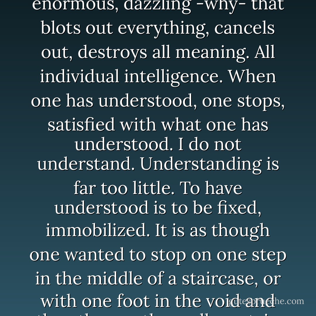 I read a page of Plato's great work. I can no longer understand anything, because behind the words on the page, which have their own heavenly brightness, to be sure, there shines an even brighter, an enormous, dazzling -why- that blots out everything, cancels out, destroys all meaning. All individual intelligence. When one has understood, one stops, satisfied with what one has understood. I do not understand. Understanding is far too little. To have understood is to be fixed, immobilized. It is as though one wanted to stop on one step in the middle of a staircase, or with one foot in the void and the other on the endless stair. But a mere why, a new why can set one off again, can unpetrify what was petrified and everything starts flowing afresh. How can one understand? One cannot. - Eugène Ionesco