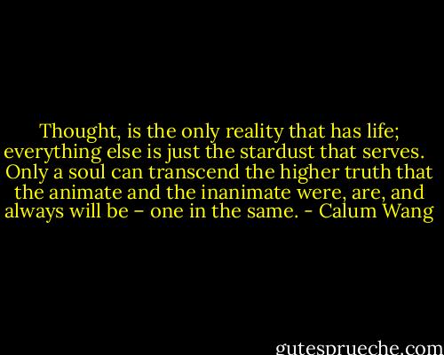Thought, is the only reality that has life; everything else is just the stardust that serves. <br /><br />Only a soul can transcend the higher truth that the animate and the inanimate were, are, and always will be – one in the same. - Calum Wang