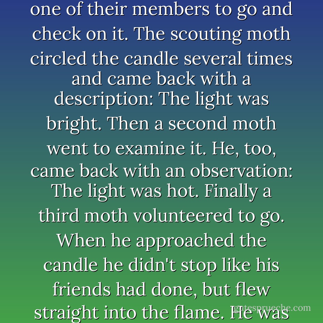 One night, a group of moths gathered on a shelf watching a burning candle. Puzzled by the nature of the light, they sent one of their members to go and check on it. The scouting moth circled the candle several times and came back with a description: The light was bright. Then a second moth went to examine it. He, too, came back with an observation: The light was hot. Finally a third moth volunteered to go. When he approached the candle he didn't stop like his friends had done, but flew straight into the flame. He was consumed there and then, and only he understood the nature of the light. - Elif Shafak