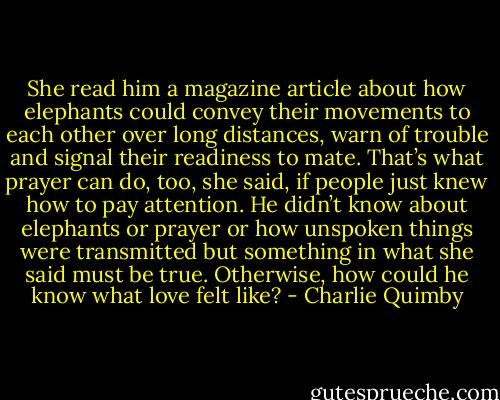 She read him a magazine article about how elephants could convey their movements to each other over long distances, warn of trouble and signal their readiness to mate. That’s what prayer can do, too, she said, if people just knew how to pay attention. He didn’t know about elephants or prayer or how unspoken things were transmitted but something in what she said must be true. Otherwise, how could he know what love felt like? - Charlie Quimby