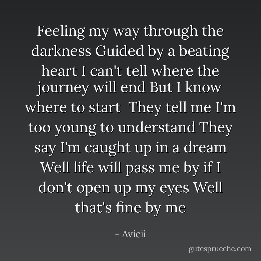 Feeling my way through the darkness<br />Guided by a beating heart<br />I can't tell where the journey will end<br />But I know where to start<br /><br />They tell me I'm too young to understand<br />They say I'm caught up in a dream<br />Well life will pass me by if I don't open up my eyes<br />Well that's fine by me - Avicii