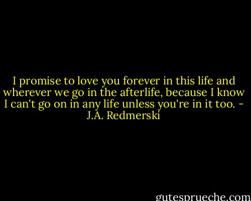 I promise to love you forever in this life and wherever we go in the afterlife, because I know I can't go on in any life unless you're in it too. - J.A. Redmerski
