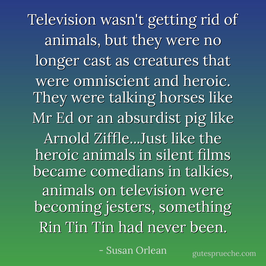 Television wasn't getting rid of animals, but they were no longer cast as creatures that were omniscient and heroic. They were talking horses like Mr Ed or an absurdist pig like Arnold Ziffle...Just like the heroic animals in silent films became comedians in talkies, animals on television were becoming jesters, something Rin Tin Tin had never been. - Susan Orlean