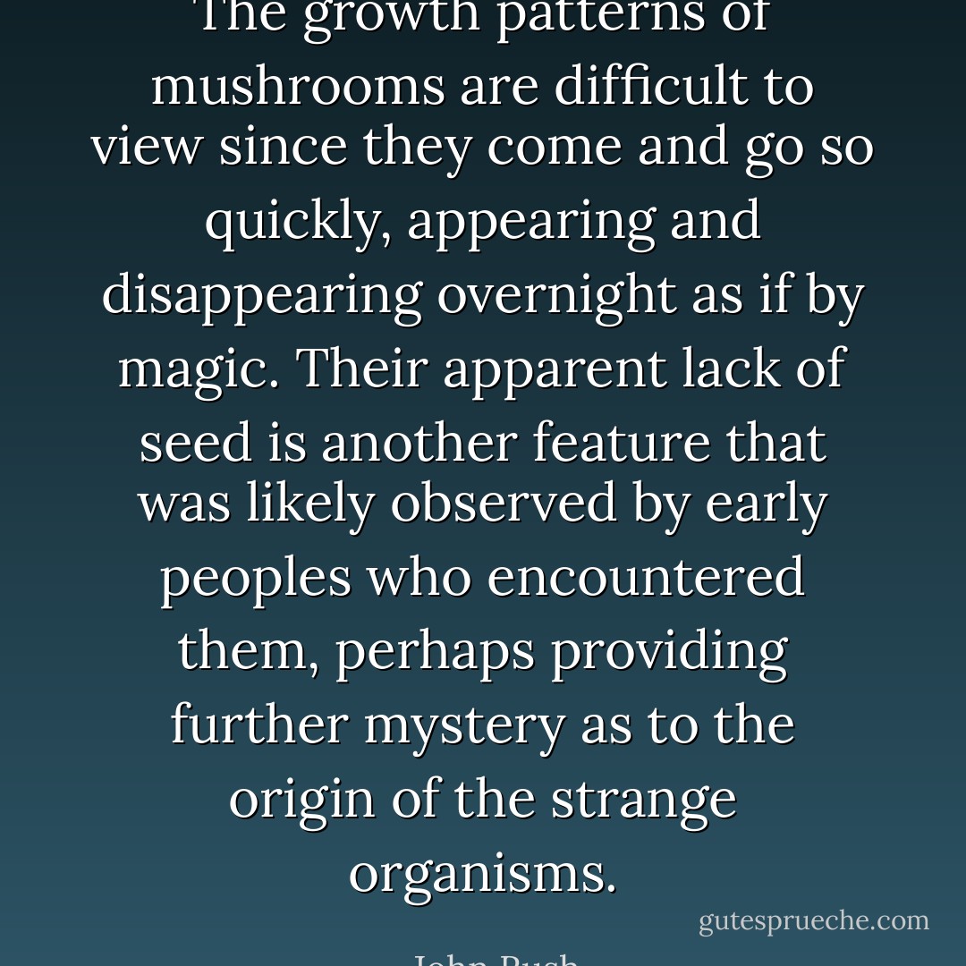 The growth patterns of mushrooms are difficult to view since they come and go so quickly, appearing and disappearing overnight as if by magic. Their apparent lack of seed is another feature that was likely observed by early peoples who encountered them, perhaps providing further mystery as to the origin of the strange organisms. - John Rush