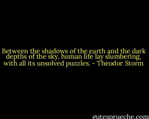 Between the shadows of the earth and the dark depths of the sky, human life lay slumbering, with all its unsolved puzzles. - Theodor Storm