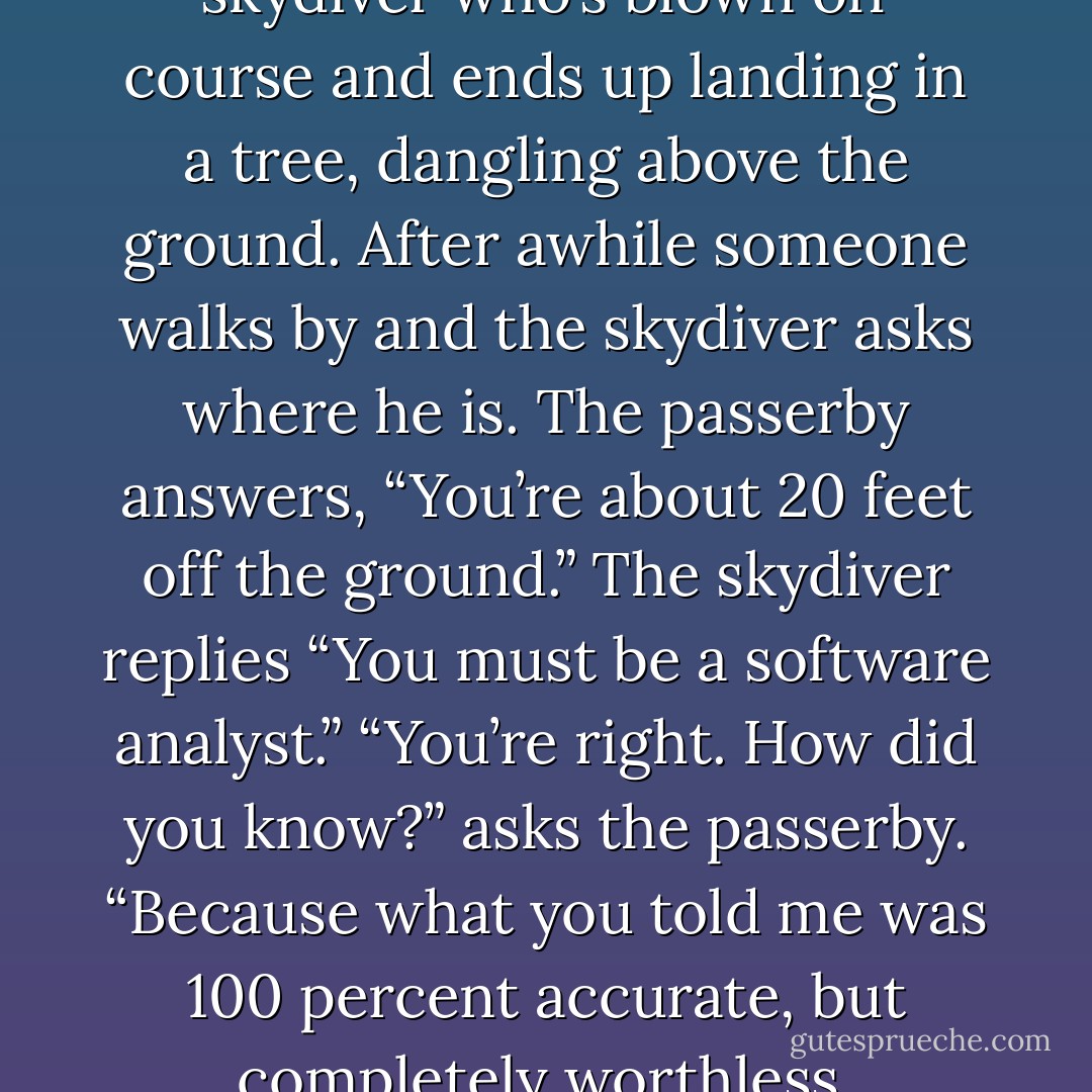 There’s an old joke about a skydiver who’s blown off course and ends up landing in a<br />tree, dangling above the ground. After awhile someone walks by and the skydiver asks<br />where he is.<br />The passerby answers, “You’re about 20 feet off the ground.”<br />The skydiver replies “You must be a software analyst.”<br />“You’re right. How did you know?” asks the passerby.<br />“Because what you told me was 100 percent accurate, but completely worthless. - Craig Walls