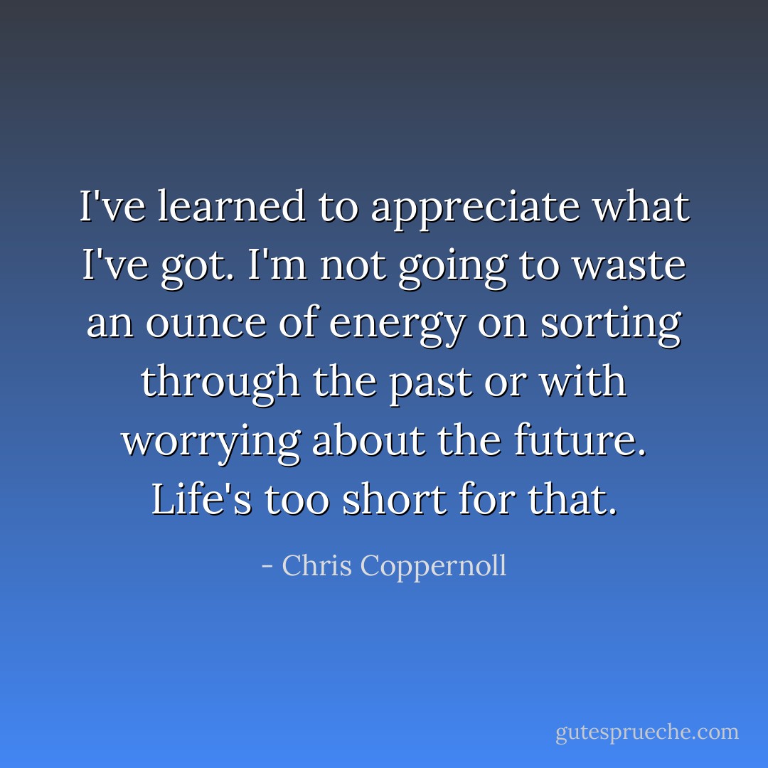 I've learned to appreciate what I've got. I'm not going to waste an ounce of energy on sorting through the past or with worrying about the future. Life's too short for that. - Chris Coppernoll