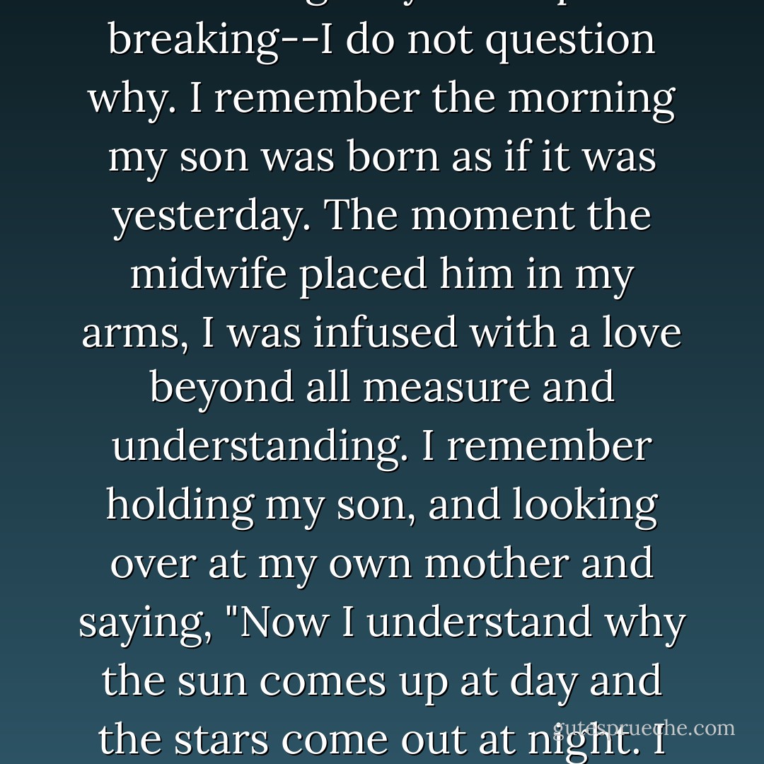 No parent should have to bury a child ... No mother should have to bury a son. Mothers are not meant to bury sons. It is not in the natural order of things.<br />I buried my son. In a potter's field. In a field of Blood. In empty, acrid silence. There was no funeral. There were no mourners. His friends all absent. His father dead. His sisters refusing to attend. I discovered his body alone, I dug his grave alone, I placed him in a hole, and covered him with dirt and rock alone. I was not able to finish burying him before sundown, and I'm not sure if that affected his fate ...<br />I begrudge God none of this. I do not curse him or bemoan my lot. And though my heart keeps beating only to keep breaking--I do not question why.<br />I remember the morning my son was born as if it was yesterday. The moment the midwife placed him in my arms, I was infused with a love beyond all measure and understanding. I remember holding my son, and looking over at my own mother and saying, "Now I understand why the sun comes up at day and the stars come out at night. I understand why rain falls gently. Now I understand you, Mother" ...<br />I loved my son every day of his life, and I will love him ferociously long after I've stopped breathing. I am a simple woman. I am not bright or learn-ed. I do not read. I do not write. My opinions are not solicited. My voice is not important ... On the day of my son's birth I was infused with a love beyond all measure and understanding ... The world tells me that God is in Heaven and that my son is in Hell. I tell the world the one true thing I know: If my son is in Hell, then there is no Heaven--because if my son sits in Hell, there is no God. - Stephen Adly Guirgis