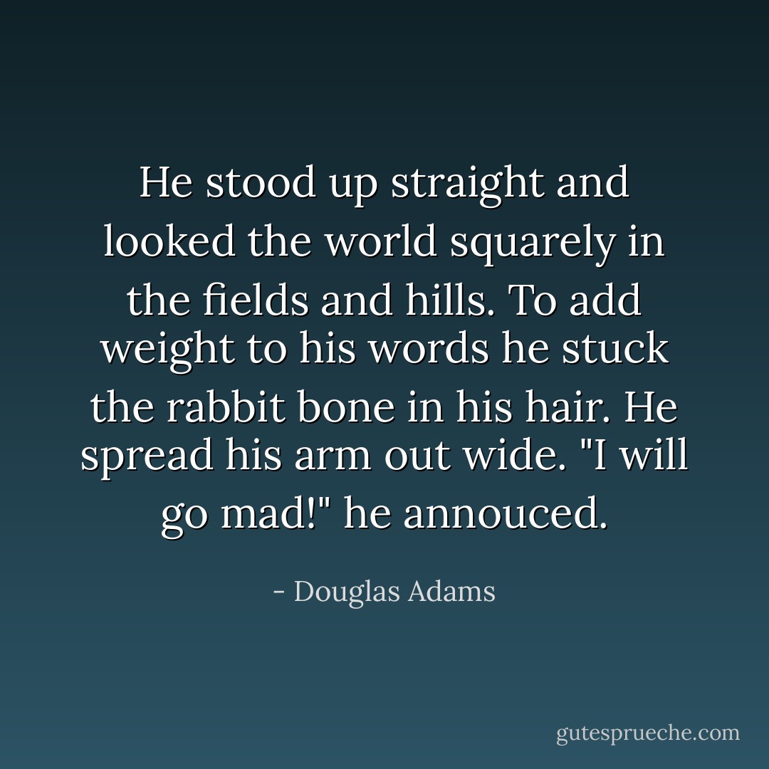 He stood up straight and looked the world squarely in the fields and hills. To add weight to his words he stuck the rabbit bone in his hair. He spread his arm out wide. "I will go mad!" he annouced. - Douglas Adams