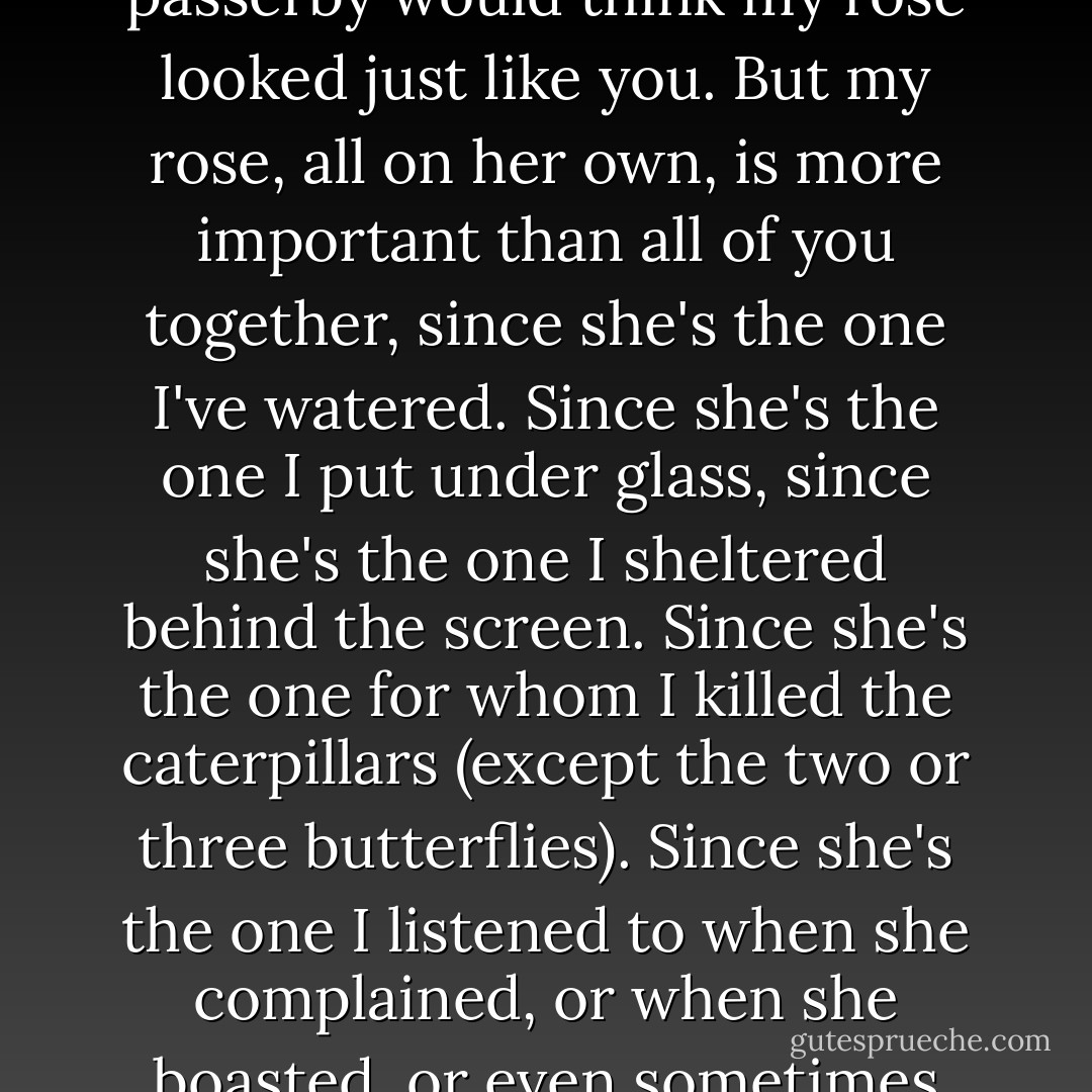 You're beautiful, but you're empty...One couldn't die for you. Of course, an ordinary passerby would think my rose looked just like you. But my rose, all on her own, is more important than all of you together, since she's the one I've watered. Since she's the one I put under glass, since she's the one I sheltered behind the screen. Since she's the one for whom I killed the caterpillars (except the two or three butterflies). Since she's the one I listened to when she complained, or when she boasted, or even sometimes when she said nothing at all. Since she's my rose. - Antoine de Saint-Exupéry
