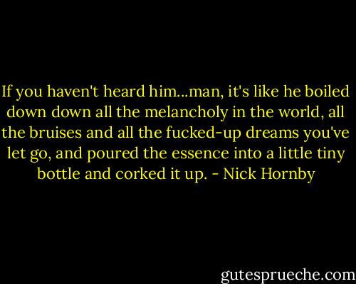 If you haven't heard him...man, it's like he boiled down down all the melancholy in the world, all the bruises and all the fucked-up dreams you've let go, and poured the essence into a little tiny bottle and corked it up. - Nick Hornby