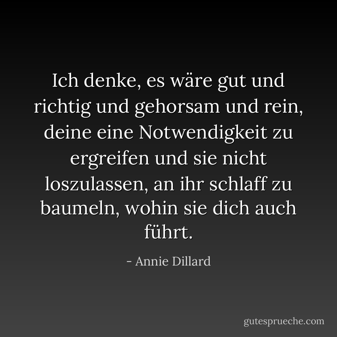 Ich denke, es wäre gut und richtig und gehorsam und rein, deine eine Notwendigkeit zu ergreifen und sie nicht loszulassen, an ihr schlaff zu baumeln, wohin sie dich auch führt. - Annie Dillard<