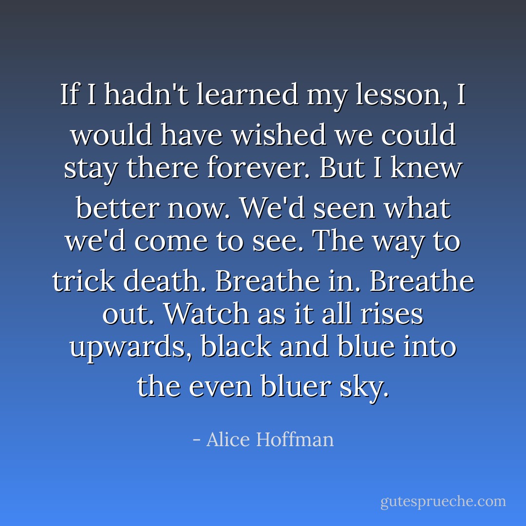 If I hadn't learned my lesson, I would have wished we could stay there forever. But I knew better now. We'd seen what we'd come to see. The way to trick death. Breathe in. Breathe out. Watch as it all rises upwards, black and blue into the even bluer sky. - Alice Hoffman