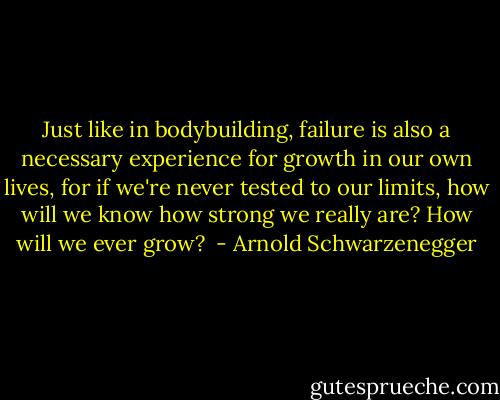 Just like in bodybuilding, failure is also a necessary experience for growth in our own lives, for if we're never tested to our limits, how will we know how strong we really are? How will we ever grow?  - Arnold Schwarzenegger