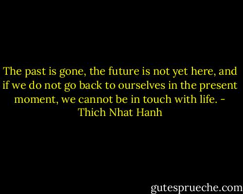 The past is gone, the future is not yet here, and if we do not go back to ourselves in the present moment, we cannot be in touch with life. - Thich Nhat Hanh