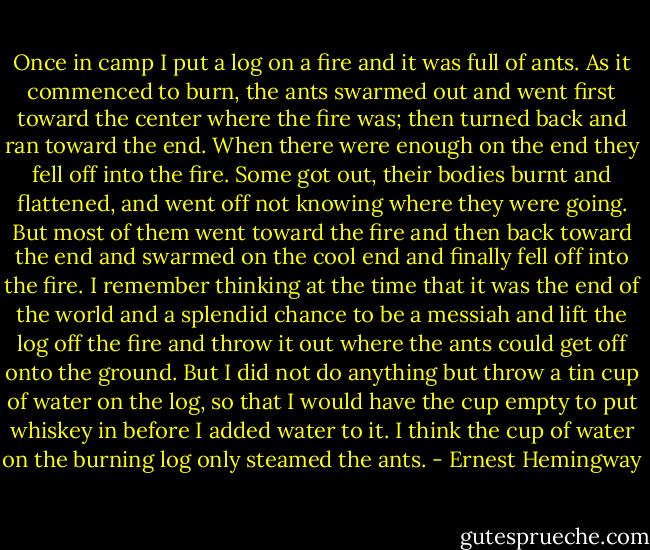 Once in camp I put a log on a fire and it was full of ants. As it commenced to burn, the ants swarmed out and went first toward the center where the fire was; then turned back and ran toward the end. When there were enough on the end they fell off into the fire. Some got out, their bodies burnt and flattened, and went off not knowing where they were going. But most of them went toward the fire and then back toward the end and swarmed on the cool end and finally fell off into the fire. I remember thinking at the time that it was the end of the world and a splendid chance to be a messiah and lift the log off the fire and throw it out where the ants could get off onto the ground. But I did not do anything but throw a tin cup of water on the log, so that I would have the cup empty to put whiskey in before I added water to it. I think the cup of water on the burning log only steamed the ants. - Ernest Hemingway