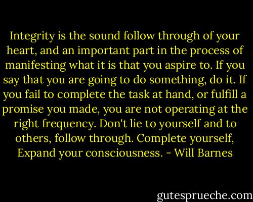 Integrity is the sound follow through of your heart, and an important part in the process of manifesting what it is that you aspire to. If you say that you are going to do something, do it. If you fail to complete the task at hand, or fulfill a promise you made, you are not operating at the right frequency. Don't lie to yourself and to others, follow through. Complete yourself, Expand your consciousness. - Will Barnes