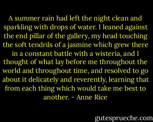 A summer rain had left the night clean and sparkling with drops of water. I leaned against the end pillar of the gallery, my head touching the soft tendrils of a jasmine which grew there in a constant battle with a wisteria, and I thought of what lay before me throughout the world and throughout time, and resolved to go about it delicately and reverently, learning that from each thing which would take me best to another. - Anne Rice