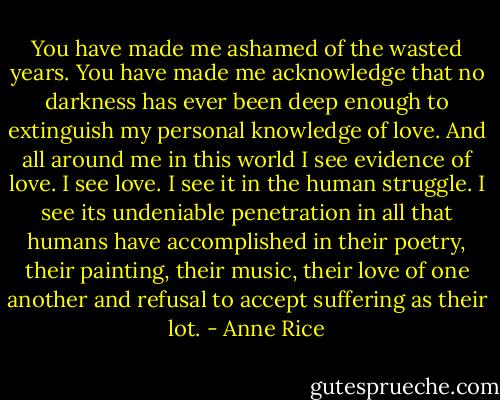 You have made me ashamed of the wasted years. You have made me acknowledge that no darkness has ever been deep enough to extinguish my personal knowledge of love. And all around me in this world I see evidence of love. I see love. I see it in the human struggle. I see its undeniable penetration in all that humans have accomplished in their poetry, their painting, their music, their love of one another and refusal to accept suffering as their lot. - Anne Rice