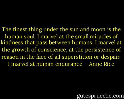 The finest thing under the sun and moon is the human soul. I marvel at the small miracles of kindness that pass between humans, I marvel at the growth of conscience, at the persistence of reason in the face of all superstition or despair. I marvel at human endurance. - Anne Rice