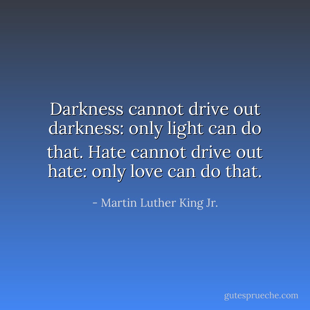 Darkness cannot drive out darkness: only light can do that. Hate cannot drive out hate: only love can do that. - Martin Luther King Jr.