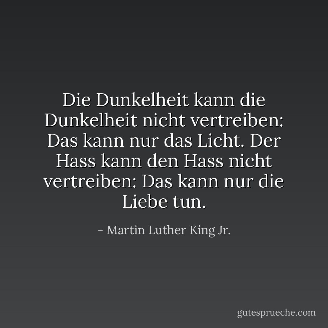 Die Dunkelheit kann die Dunkelheit nicht vertreiben: Das kann nur das Licht. Der Hass kann den Hass nicht vertreiben: Das kann nur die Liebe tun. - Martin Luther King Jr.<