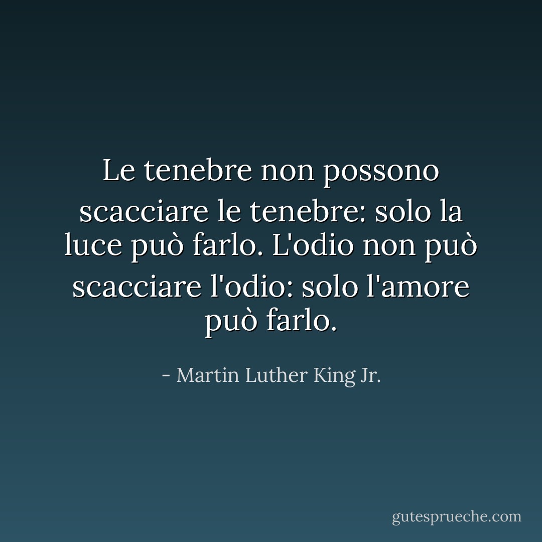 Le tenebre non possono scacciare le tenebre: solo la luce può farlo. L'odio non può scacciare l'odio: solo l'amore può farlo. - Martin Luther King Jr.