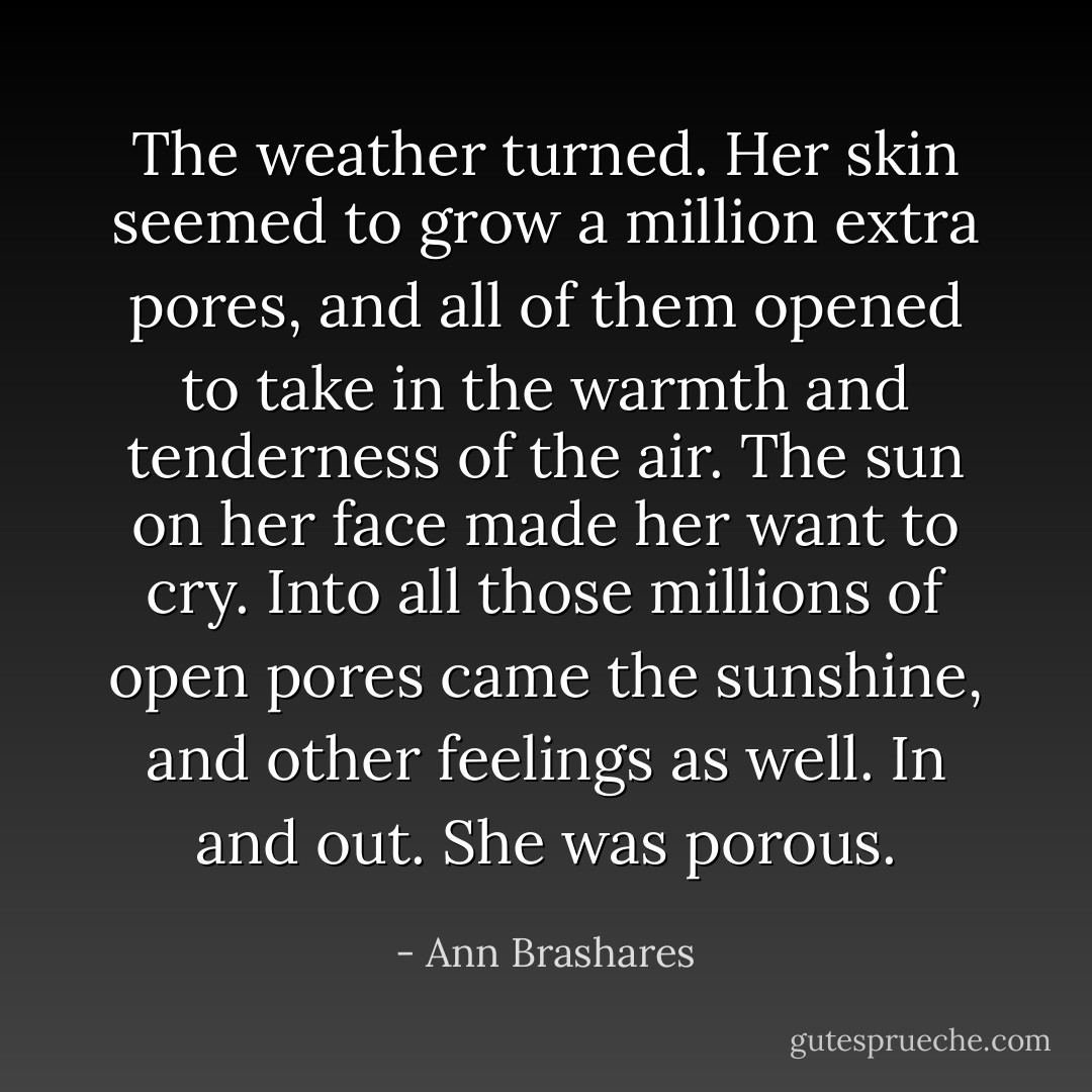 The weather turned. Her skin seemed to grow a million extra pores, and all of them opened to take in the warmth and tenderness of the air. The sun on her face made her want to cry. Into all those millions of open pores came the sunshine, and other feelings as well. In and out. She was porous. - Ann Brashares
