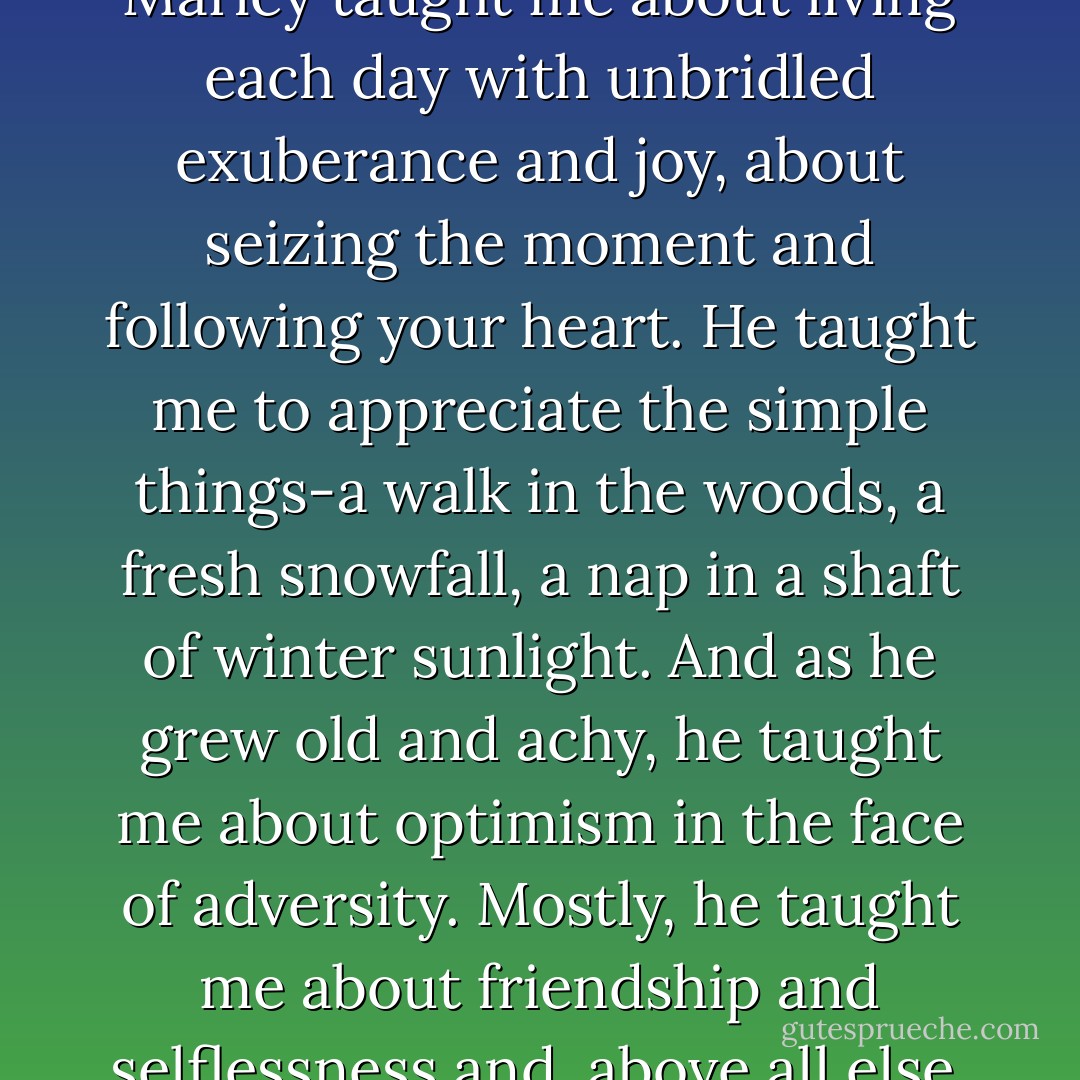 A person can learn a lot from a dog, even a loopy one like ours. Marley taught me about living each day with unbridled exuberance and joy, about seizing the moment and following your heart. He taught me to appreciate the simple things-a walk in the woods, a fresh snowfall, a nap in a shaft of winter sunlight. And as he grew old and achy, he taught me about optimism in the face of adversity. Mostly, he taught me about friendship and selflessness and, above all else, unwavering loyalty. - John Grogan