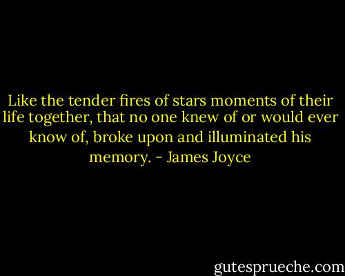 Like the tender fires of stars moments of their life together, that no one knew of or would ever know of, broke upon and illuminated his memory. - James Joyce