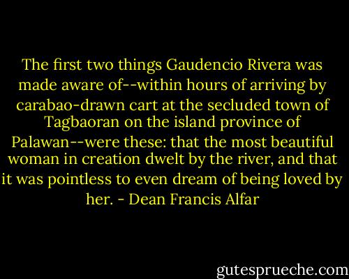 The first two things Gaudencio Rivera was made aware of--within hours of arriving by carabao-drawn cart at the secluded town of Tagbaoran on the island province of Palawan--were these: that the most beautiful woman in creation dwelt by the river, and that it was pointless to even dream of being loved by her. - Dean Francis Alfar