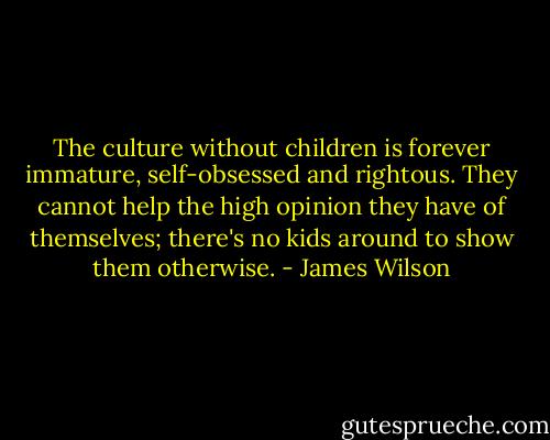 The culture without children is forever immature, self-obsessed and rightous. They cannot help the high opinion they have of themselves; there's no kids around to show them otherwise. - James Wilson
