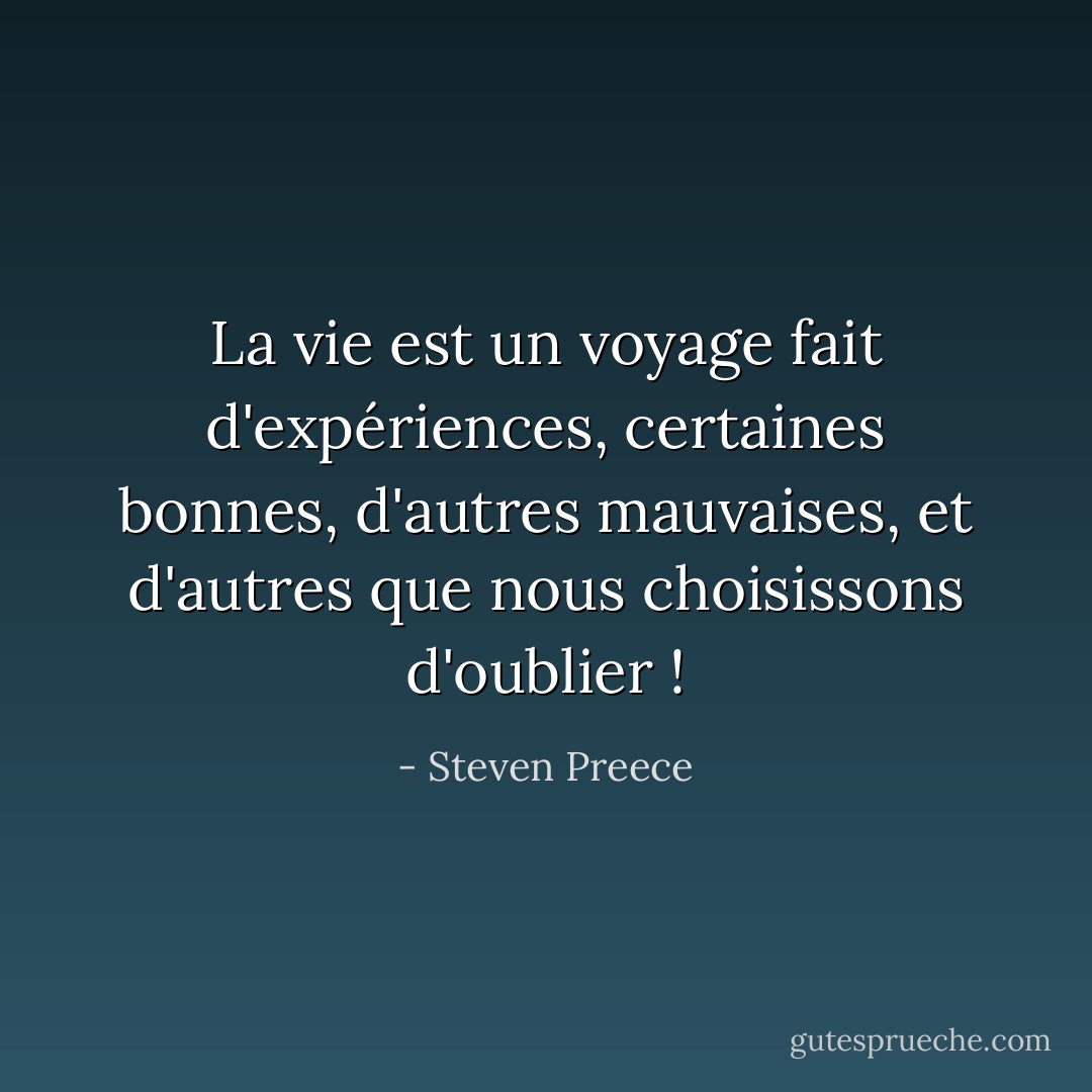 La vie est un voyage fait d'expériences, certaines bonnes, d'autres mauvaises, et d'autres que nous choisissons d'oublier ! - Steven Preece