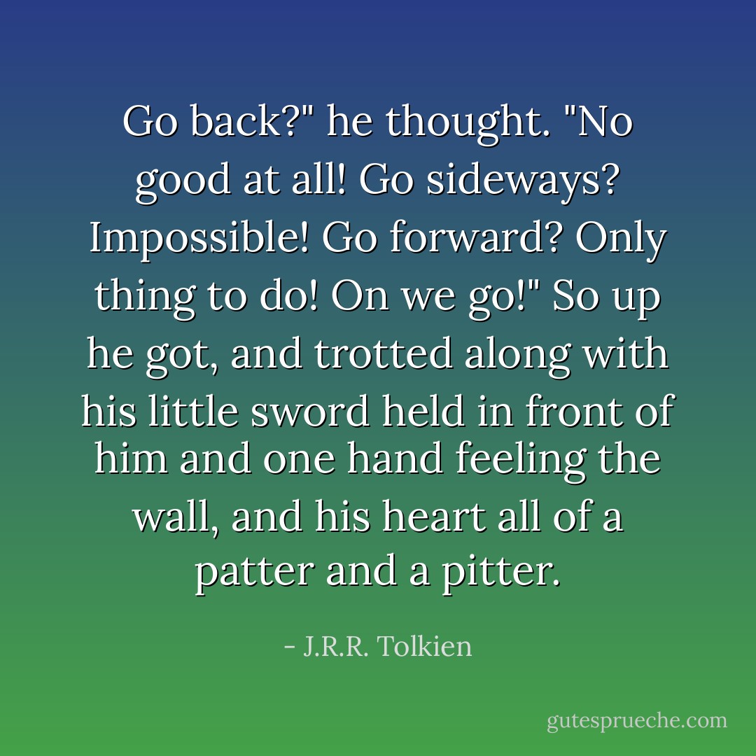 Go back?" he thought. "No good at all! Go sideways? Impossible! Go forward? Only thing to do! On we go!" So up he got, and trotted along with his little sword held in front of him and one hand feeling the wall, and his heart all of a patter and a pitter. - J.R.R. Tolkien
