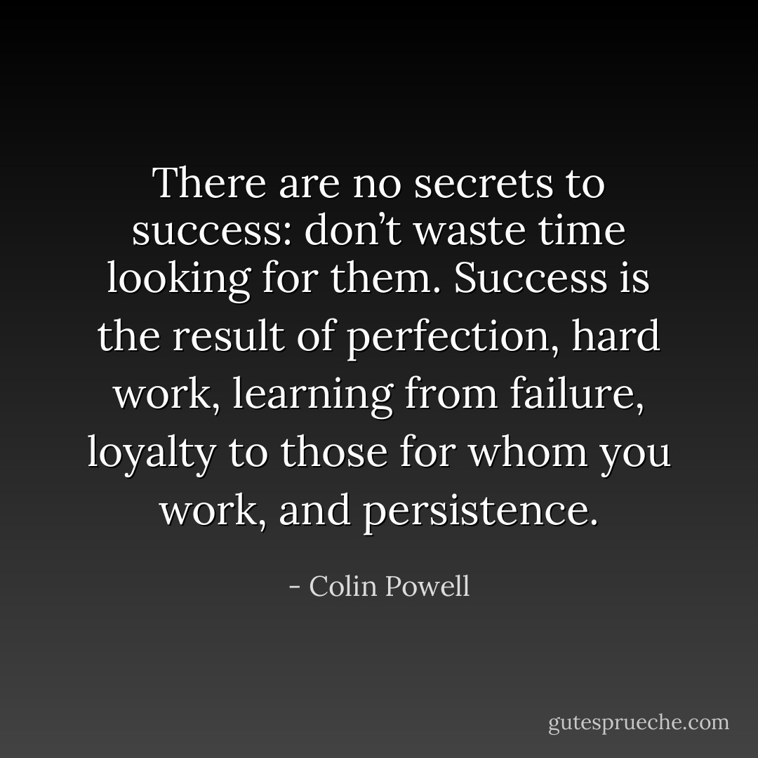 There are no secrets to success: don’t waste time looking for them. Success is the result of perfection, hard work, learning from failure, loyalty to those for whom you work, and persistence. - Colin Powell