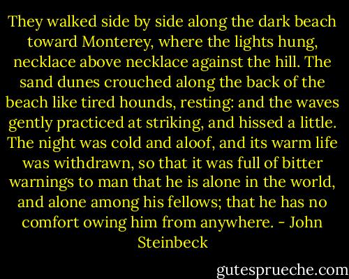 They walked side by side along the dark beach toward Monterey, where the lights hung, necklace above necklace against the hill. The sand dunes crouched along the back of the beach like tired hounds, resting: and the waves gently practiced at striking, and hissed a little. The night was cold and aloof, and its warm life was withdrawn, so that it was full of bitter warnings to man that he is alone in the world, and alone among his fellows; that he has no comfort owing him from anywhere. - John Steinbeck