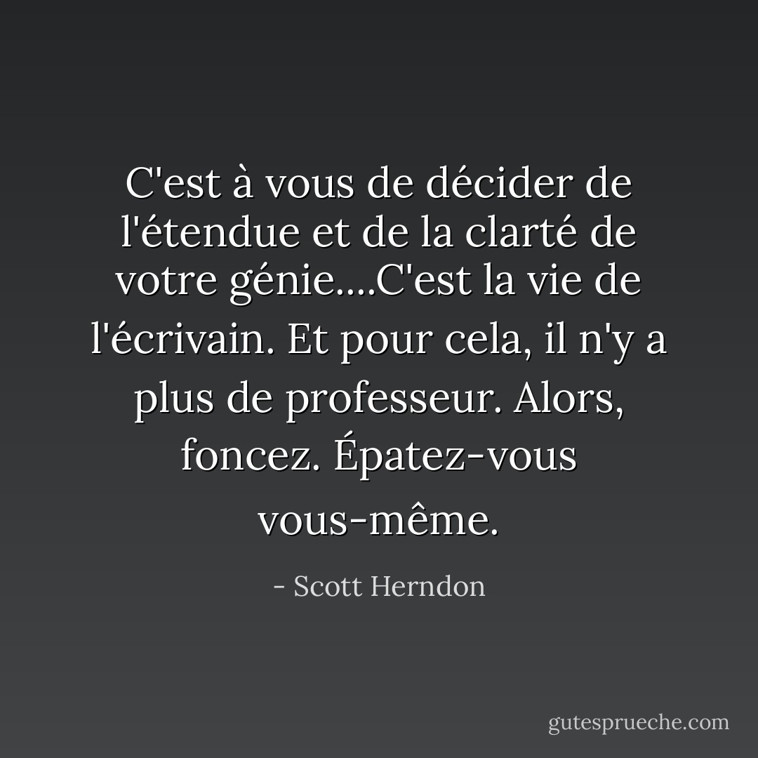 C'est à vous de décider de l'étendue et de la clarté de votre génie....C'est la vie de l'écrivain. Et pour cela, il n'y a plus de professeur. Alors, foncez. Épatez-vous vous-même. - Scott Herndon