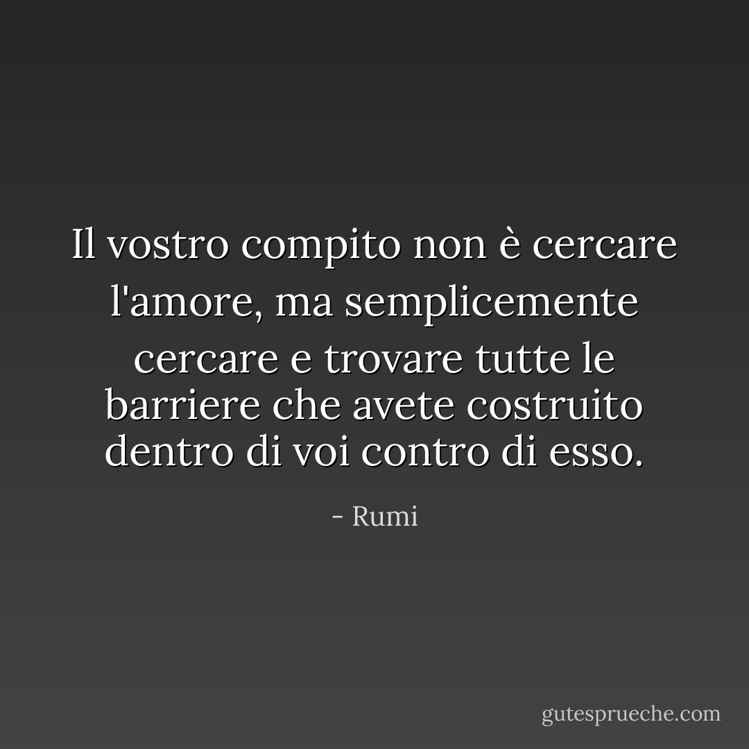 Il vostro compito non è cercare l'amore, ma semplicemente cercare e trovare tutte le barriere che avete costruito dentro di voi contro di esso. - Rumi