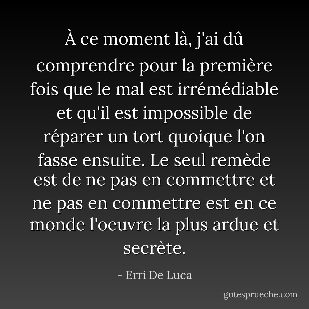 À ce moment là, j'ai dû comprendre pour la première fois que le mal est irrémédiable et qu'il est impossible de réparer un tort quoique l'on fasse ensuite. Le seul remède est de ne pas en commettre et ne pas en commettre est en ce monde l'oeuvre la plus ardue et secrète. - Erri De Luca