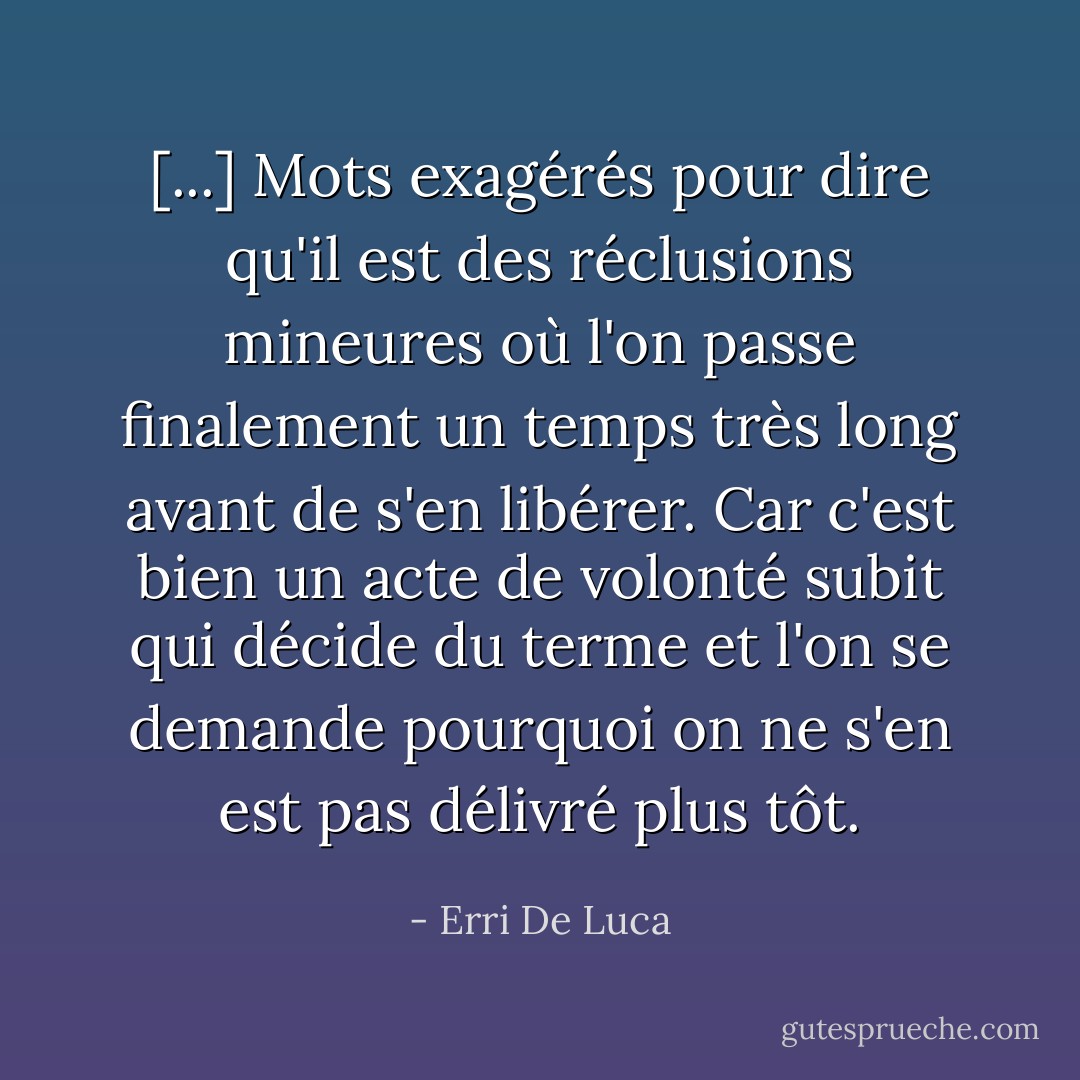 [...] Mots exagérés pour dire qu'il est des réclusions mineures où l'on passe finalement un temps très long avant de s'en libérer. Car c'est bien un acte de volonté subit qui décide du terme et l'on se demande pourquoi on ne s'en est pas délivré plus tôt. - Erri De Luca